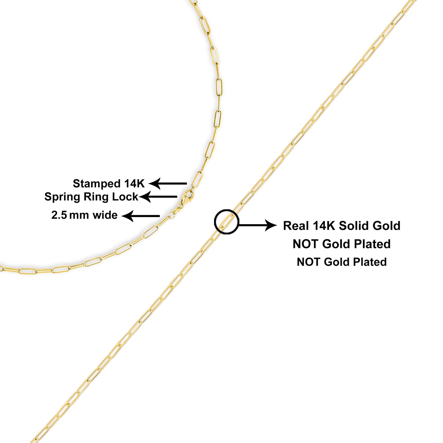 Solid 14K Yellow Gold 2.5mm Paperclip Chain Necklace Unisex 18" Inches