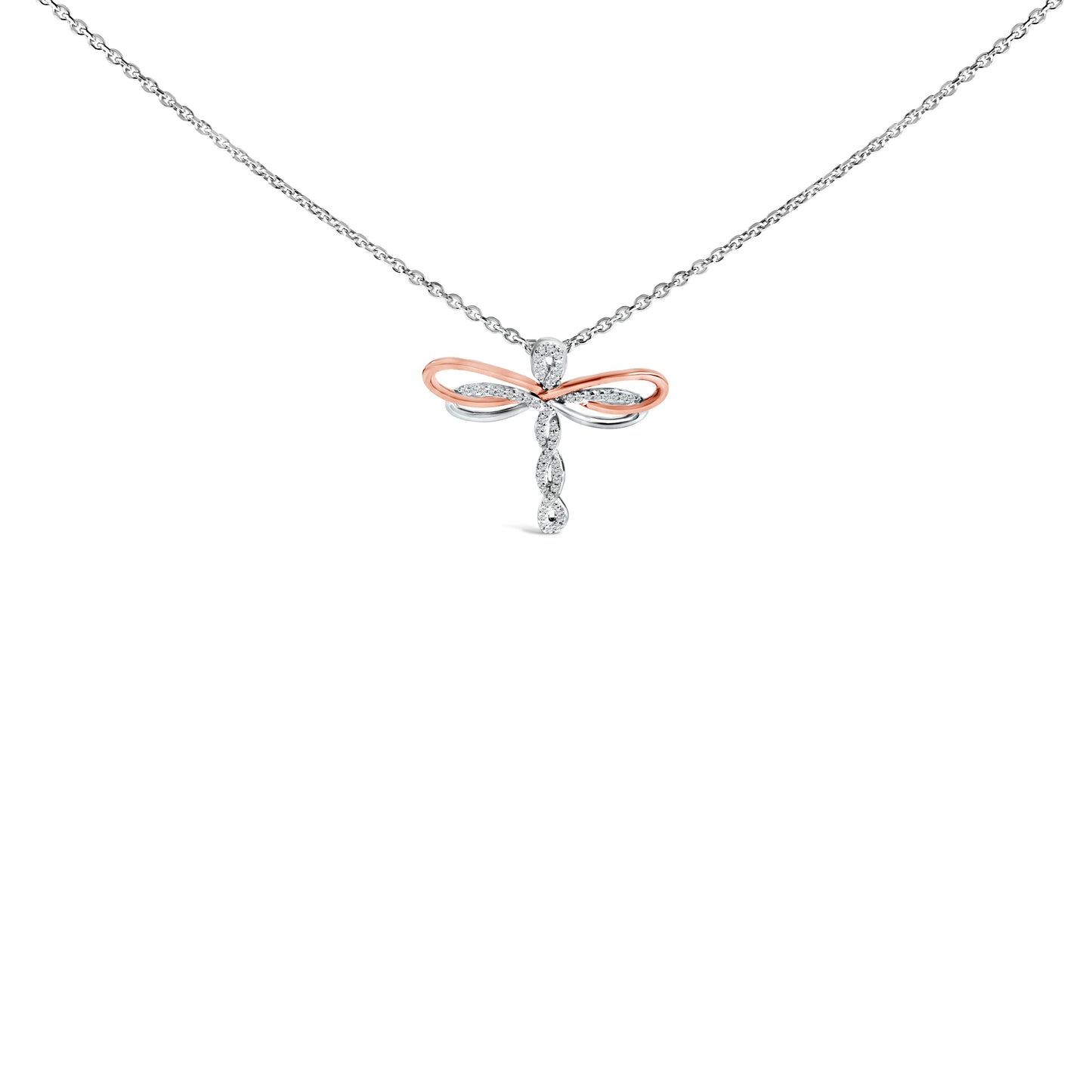 14K Rose Gold Plated Sterling Silver 1/10 Cttw Diamond Dragonfly Pendant Necklace