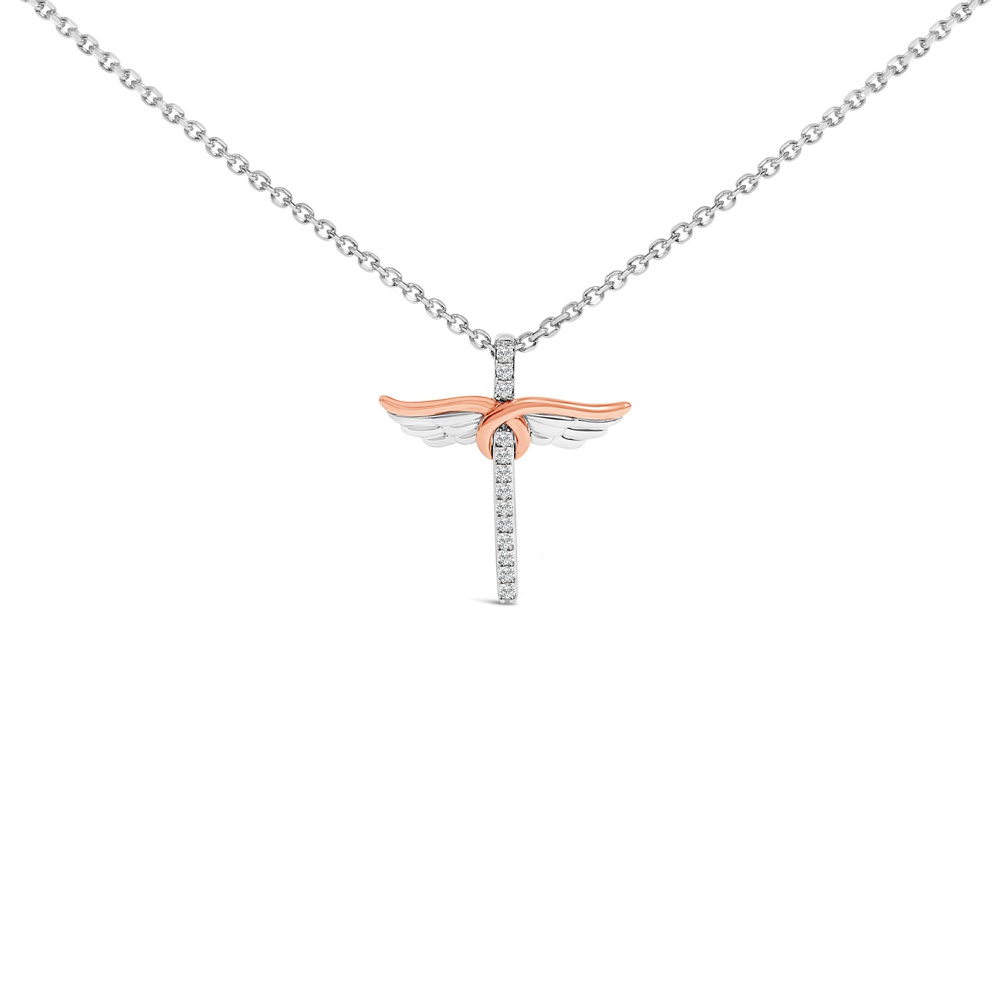 14K Rose Gold Plated Sterling Silver 1/5 Cttw Diamond Wing Cross Pendant Necklace