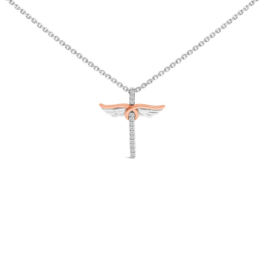 Collier avec pendentif aile et croix en argent sterling plaqué or rose 14 carats et diamant 1/5 carats