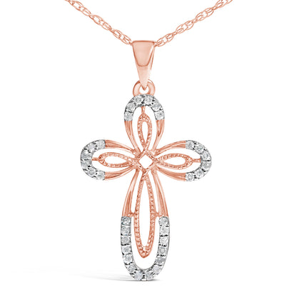 10K Rose Gold Plated Sterling Silver 1/6 Cttw Diamond Double Loop Cross Pendant Necklace