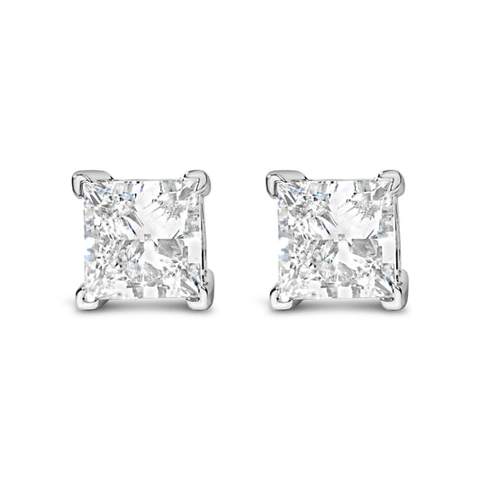 Clous d'oreilles solitaires en or blanc 14K, diamant de synthèse taille princesse 1,0 carats (couleur F-G, pureté VS2-SI1)