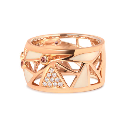 14K Rose Gold 1/3 Cttw Diamond and Pink Tourmaline Cigar Band Ring with White Enamel (G-H Color, SI1-SI2 Clarity)