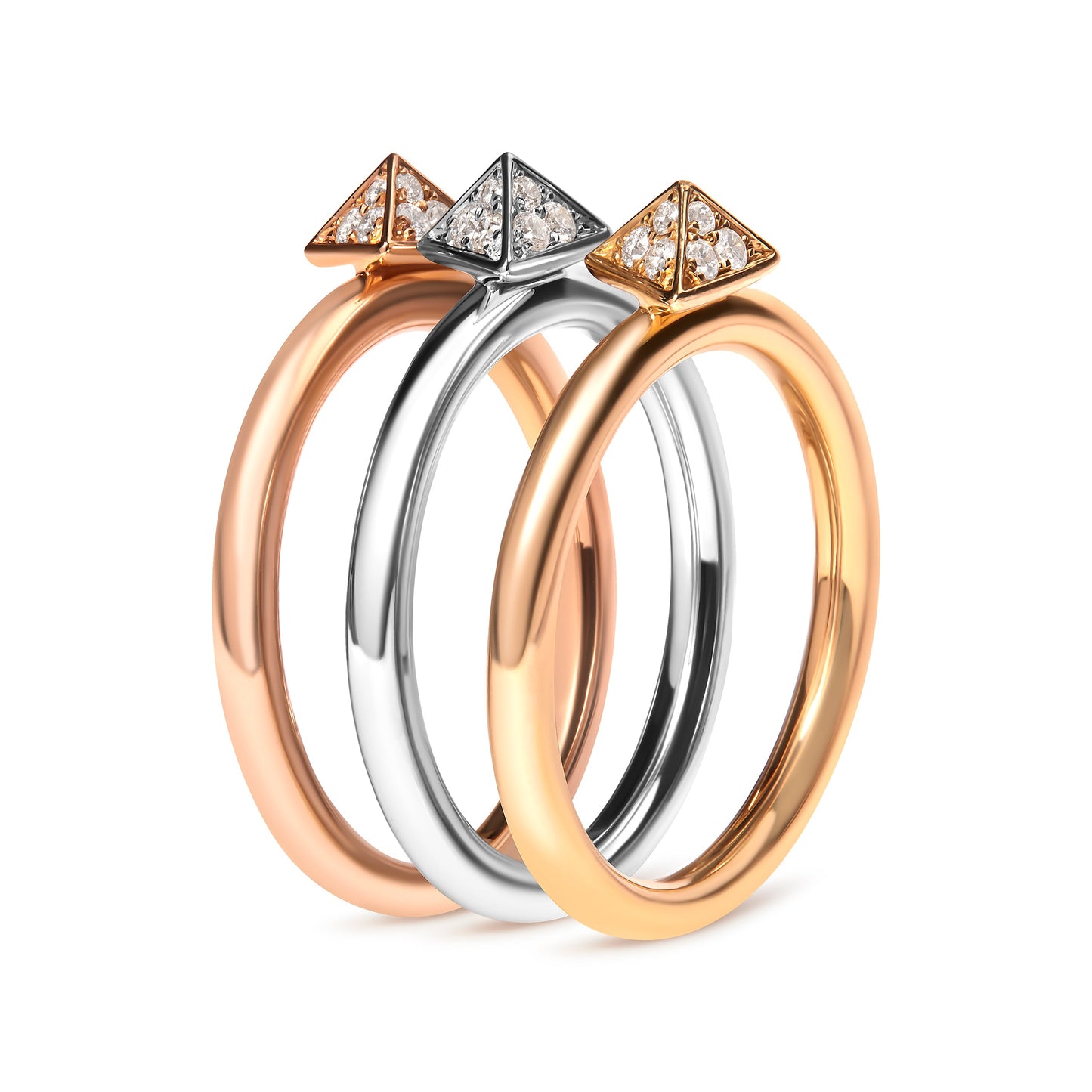 14K Tri Color Gold 1/3 Cttw Diamond Pyramid Stackable Band Ring Set (G-H Color, SI1-SI2 Clarity) - Size 7