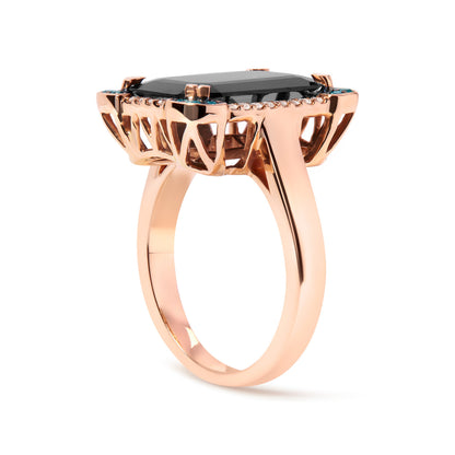 14K Rose Gold 15x10 MM Emerald-Cut Black Onyx and 1/5 Cttw Blue and White Diamond Halo Cocktail Ring (G-H Color, SI1-SI2 Clarity)- Size 7