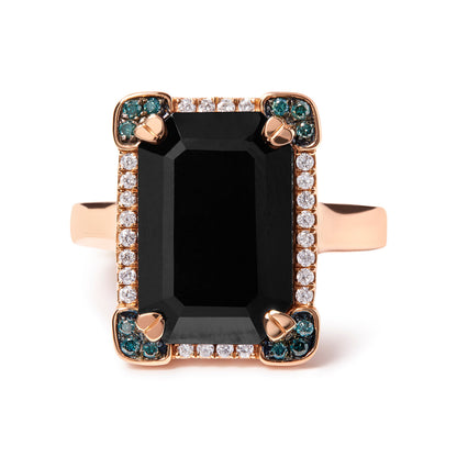 14K Rose Gold 15x10 MM Emerald-Cut Black Onyx and 1/5 Cttw Blue and White Diamond Halo Cocktail Ring (G-H Color, SI1-SI2 Clarity)- Size 7