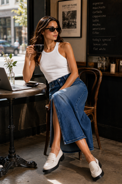 Vintage Wash Denim Midi Skirt for Women