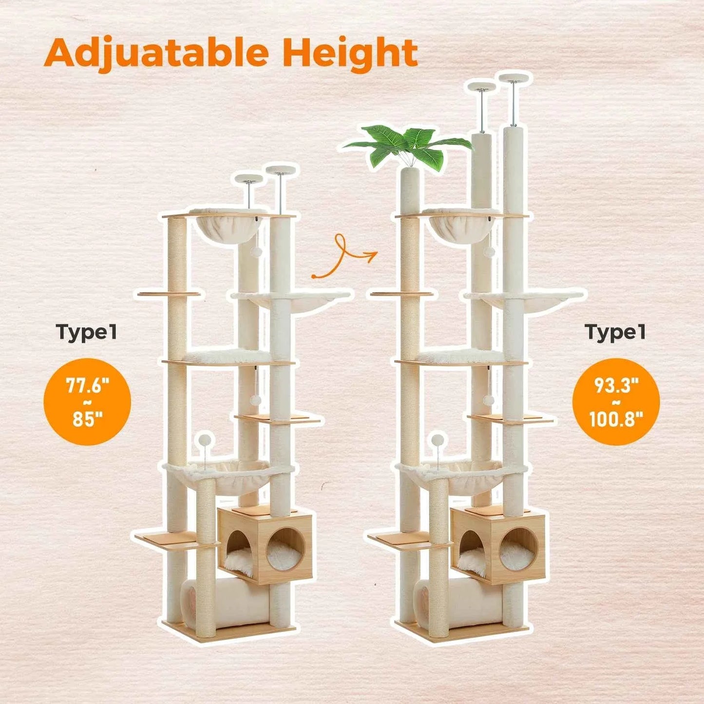 Floor to Ceiling Cat Tree – Adjustable Wooden Tower with Hammock & Sisal Scratching Posts