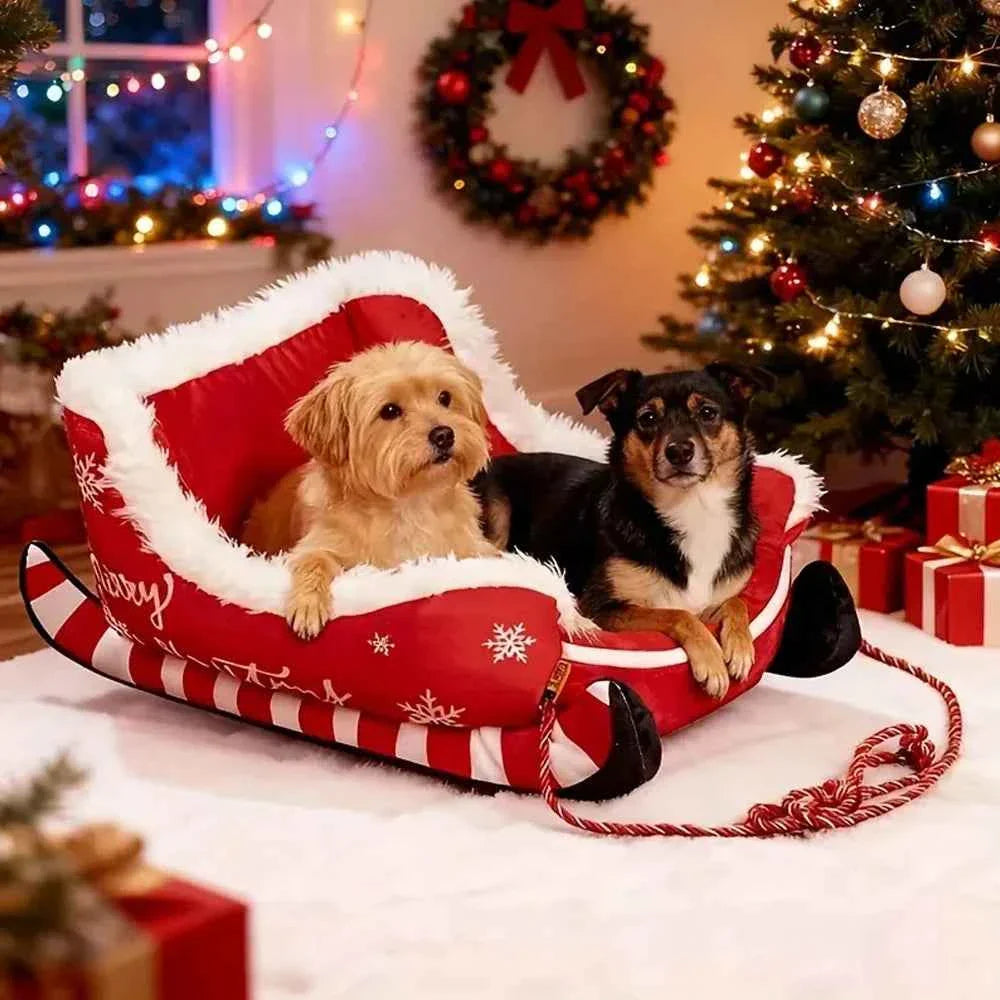 Christmas Sleigh Pet Bed – Removable Washable Plush Sofa with Non-Slip Base