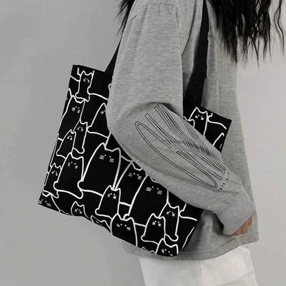 Kawaii Cute Cat Canvas Shopper Tote Bag (15.4 in) - Japanese Cartoon Shoulder Bag