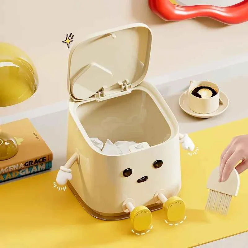 Cute Push-On Mini Trash Can Brush Compact Desktop Can