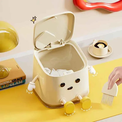 Cute Push-On Mini Trash Can Brush Compact Desktop Can