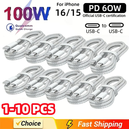 1-10PCS USB C Cable to USB C 100W Fast Charging Charger Cable Supports Fast Charging For iPhone 16 17 Samsung Xiaomi Huawei etc