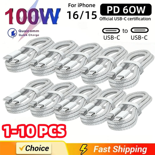 1-10PCS Cable USB C a USB C 100W Cable de Carga Rápida Compatible con Carga Rápida para iPhone 16 17 Samsung Xiaomi Huawei, etc.