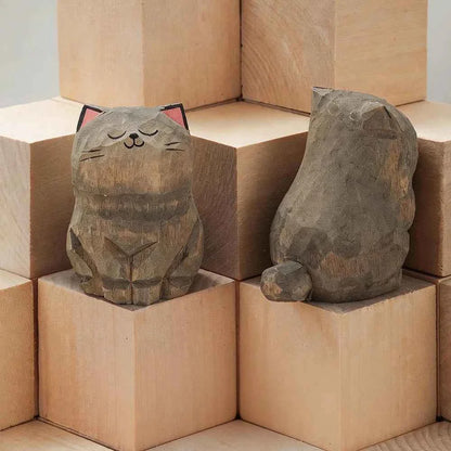 Handcrafted wood carving kitten statue Desk accessories Cat