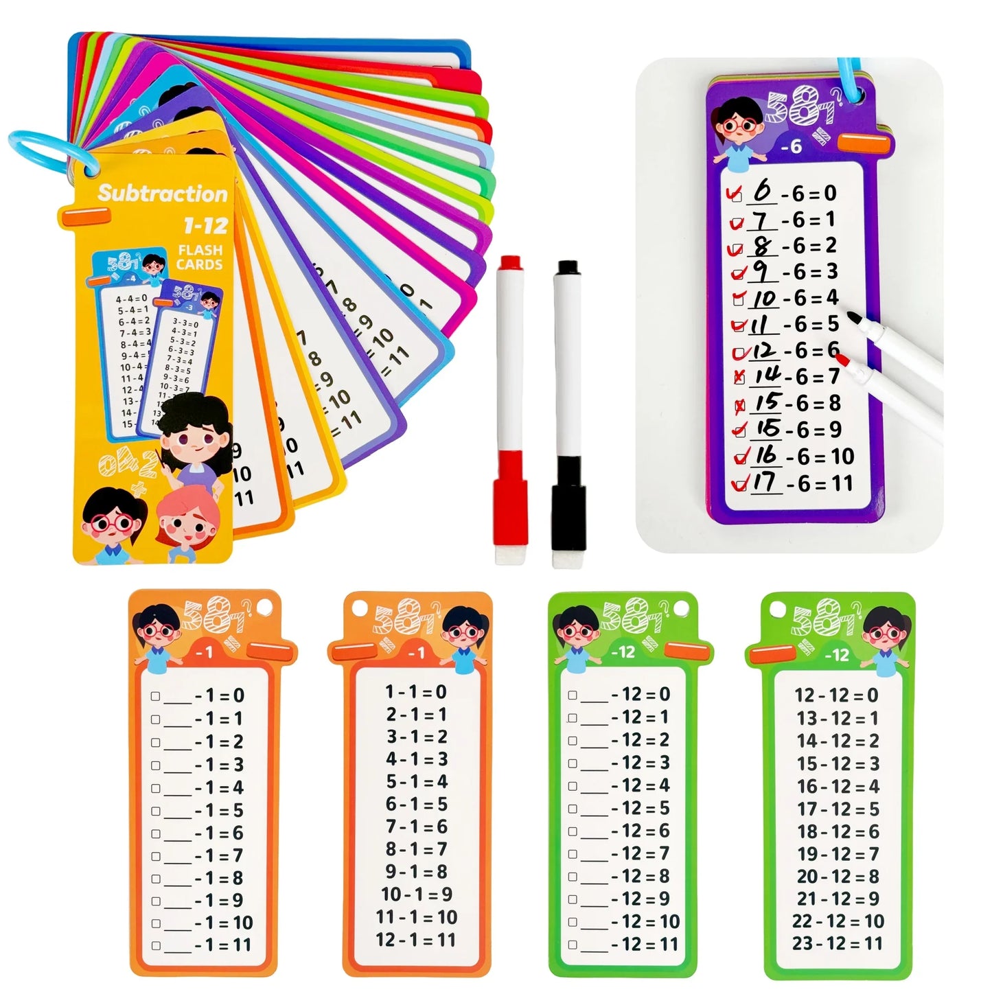 Digital Learning Flash Cards, Addition, Subtraction, Multiplication, Division, Fractions, Math Formula Memory, 15 Cards with Two Erasable Pens, Learning Toy