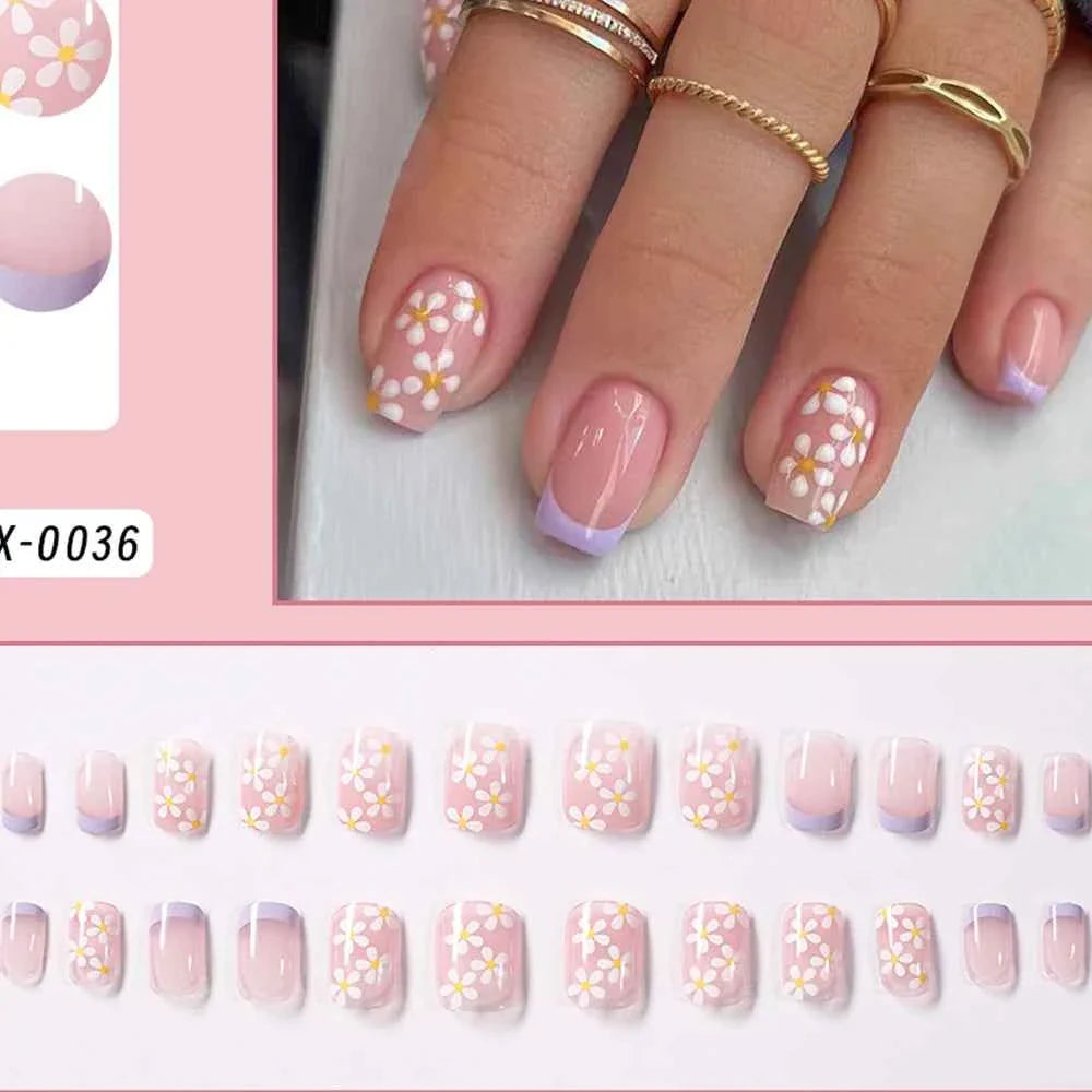 24pc Short Square French Press On Nails - White & Pink Flower Design
