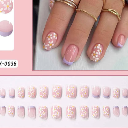 24pc Short Square French Press On Nails - White & Pink Flower Design