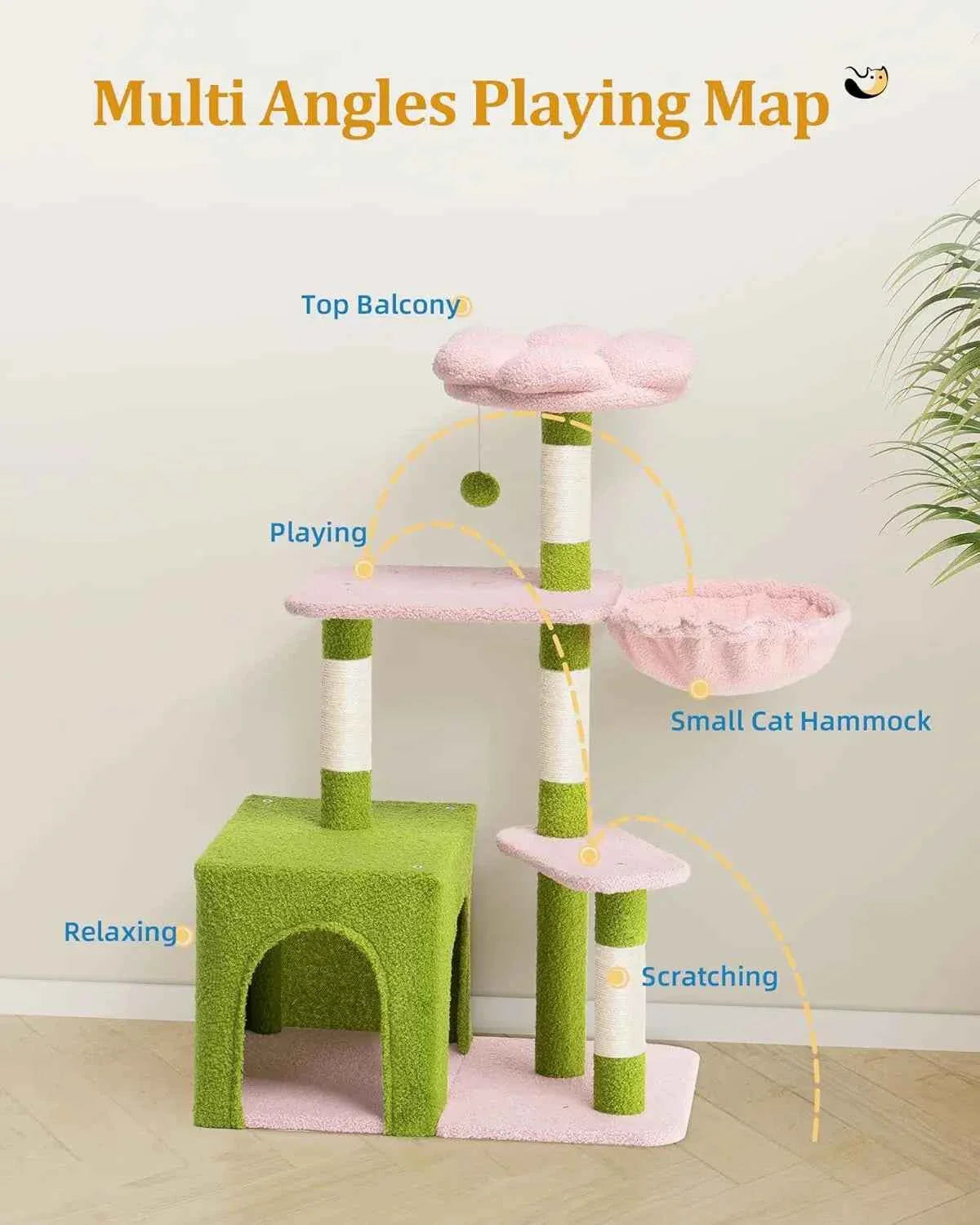Large Cat Tree with 2-Door Condo – Scratching Posts, Floral Perch & Hammock for Adult Cats (Green/Pink)