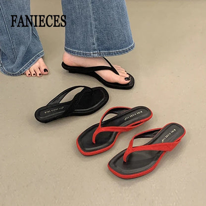 ZAROY Red Women's Flip Flops Summer Slippers Square Clip Toe Thin Low Heels Casual Beach Mules Slides Thongs Sandals Zapatos
