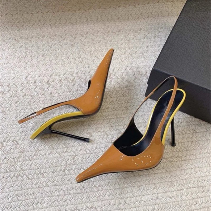 2026 Fashion Non-Slip Wear-Resistant High Heels Women's Pointed Toe Patent Leather Slip-On Sandals