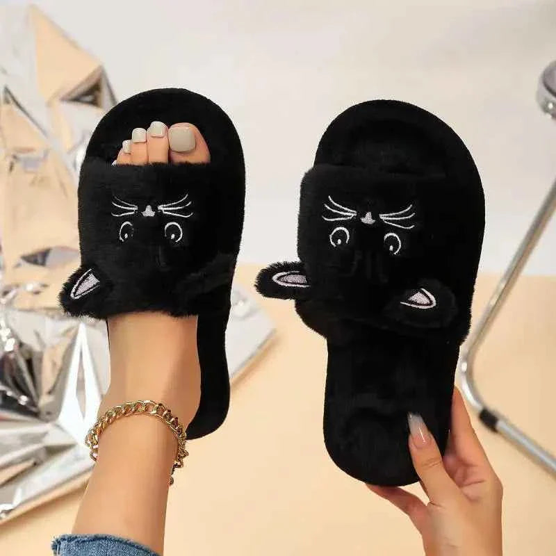 Casual Fluffy Slippers Women Home Flat Cat Cartoon Luxury