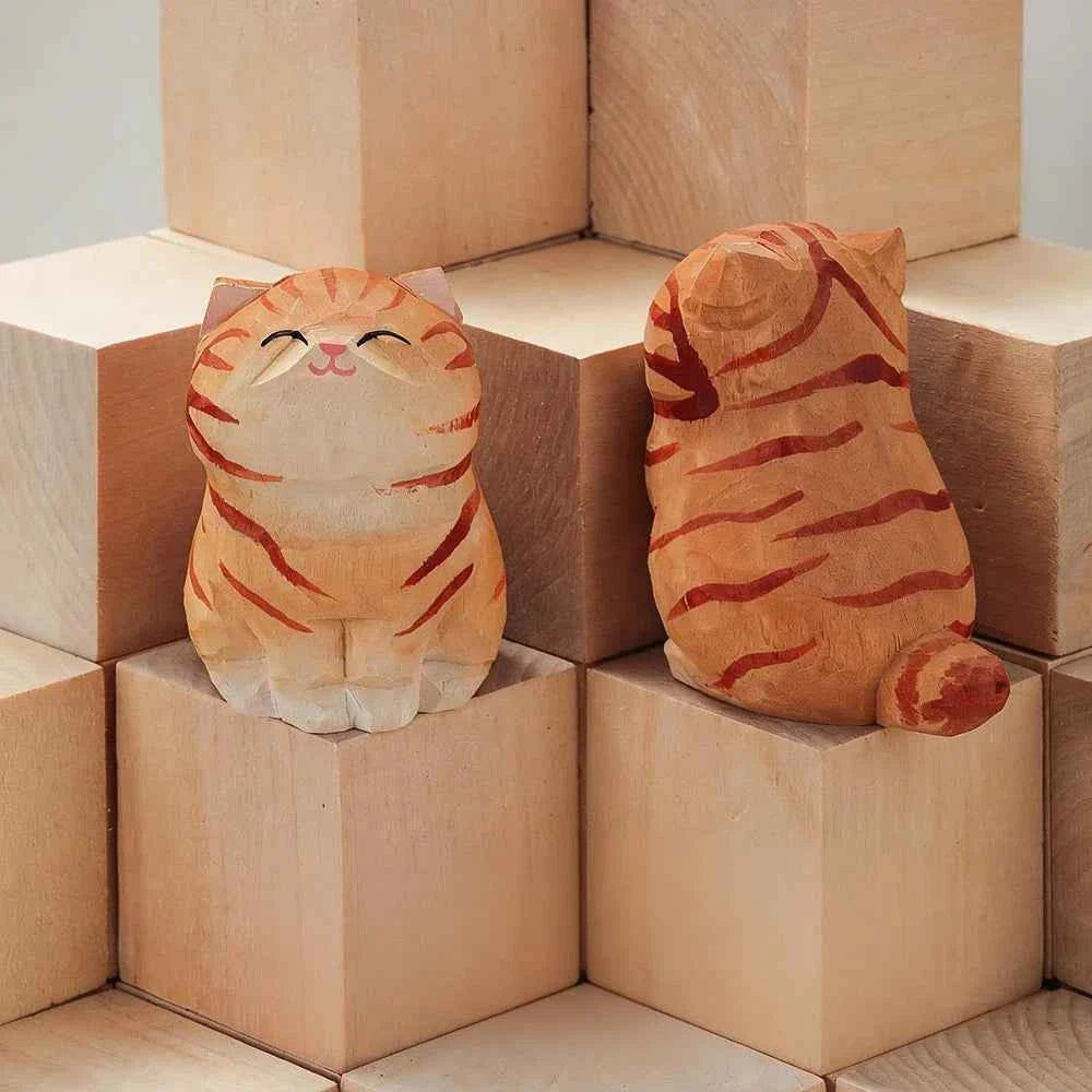 Handcrafted wood carving kitten statue Desk accessories Cat