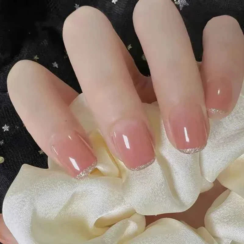 24pc Short Square Coffin Press On Nails - Glitter Diamond Blush Pink Cat Eye