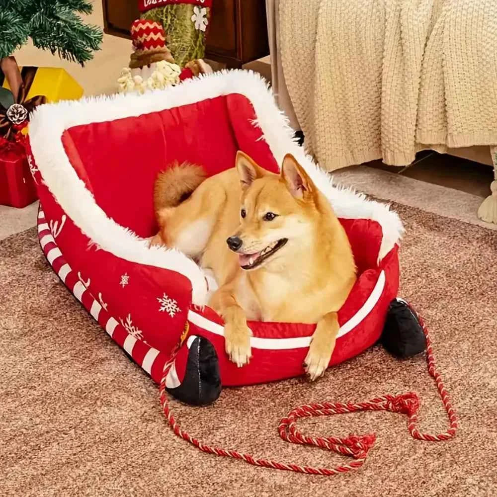 Christmas Sleigh Pet Bed – Removable Washable Plush Sofa with Non-Slip Base