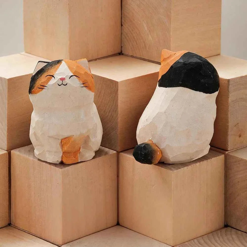 Handcrafted wood carving kitten statue Desk accessories Cat