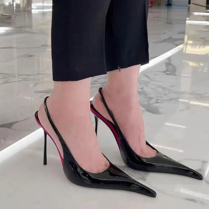 2026 Fashion Non-Slip Wear-Resistant High Heels Women's Pointed Toe Patent Leather Slip-On Sandals