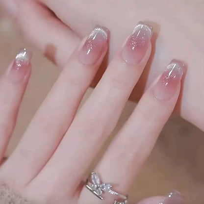 24pc Short Square Coffin Press On Nails - Glitter Diamond Blush Pink Cat Eye