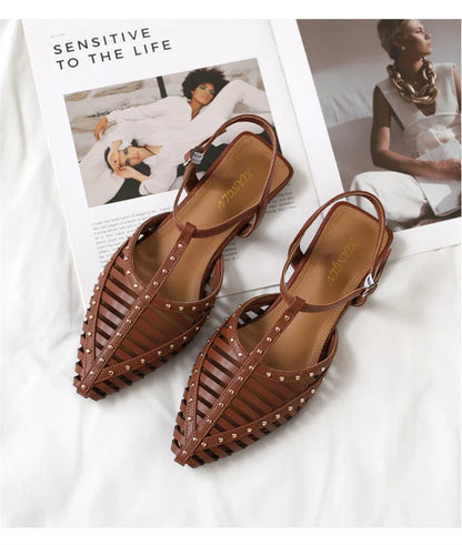 ZAROY Designer Narrow Band Flat Sandals Women Summer Point Toe Ankle Buckle Hollow Roman Sandal Plus Size Casual Beach Sandalias