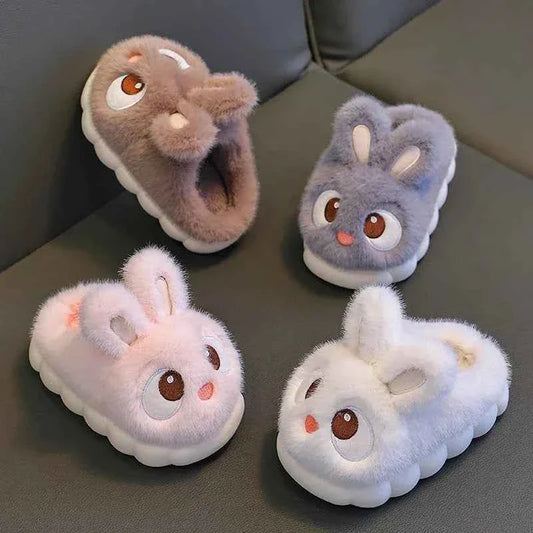 Kids Big-Eyed Rabbit Slippers – Cute Waterproof Warm Plush Indoor Shoes for Boys & Girls