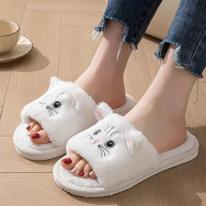 Casual Fluffy Slippers Women Home Flat Cat Cartoon Luxury