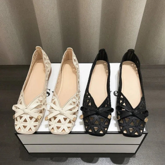 Nuevas sandalias planas con lazo de estilo francés para mujer, corte geométrico, puntera abierta, transpirables, de verano, beige, para vestidos, oficina y uso casual