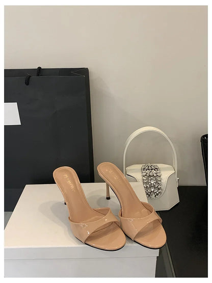 2026 Fashion Sexy Thin High Heels Slides Women Open Toe Pumps Slip Sandal Female Slippers Mule Patent Leather Outdoor Flip Flops