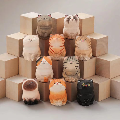 Handcrafted wood carving kitten statue Desk accessories Cat