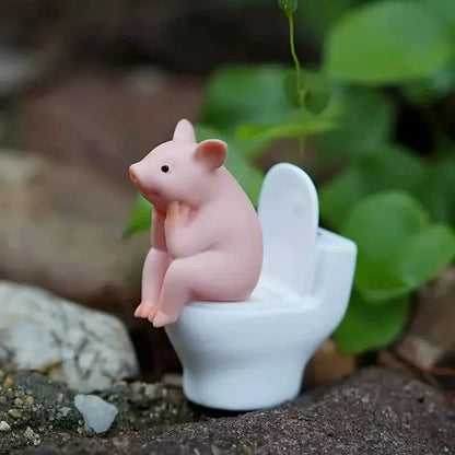 Adorable Pink Pig on Toilet Figurine - Whimsical PVC Decor