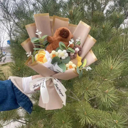 Kawaii Capybara Plush Bouquet (13.8 in) - Crochet Roses/Sunflowers Creative Gift