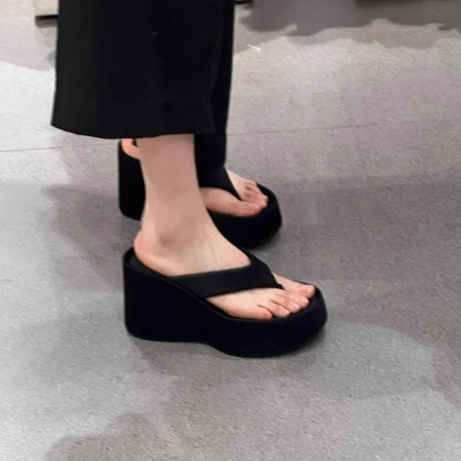 Women Slippers Height Increase Thick Soled Flip Flops Women's Summer Outside Pinch Feet Slippers Women Wedge Heel Sandals