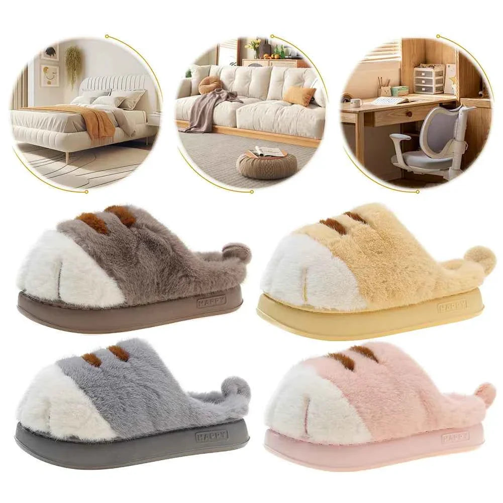 3D Cat Paw Plush Slippers – Cute Furry Warm Slip-On Indoor House Shoes for Women & Couples