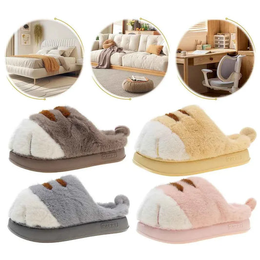 3D Cat Paw Plush Slippers – Cute Furry Warm Slip-On Indoor House Shoes for Women & Couples