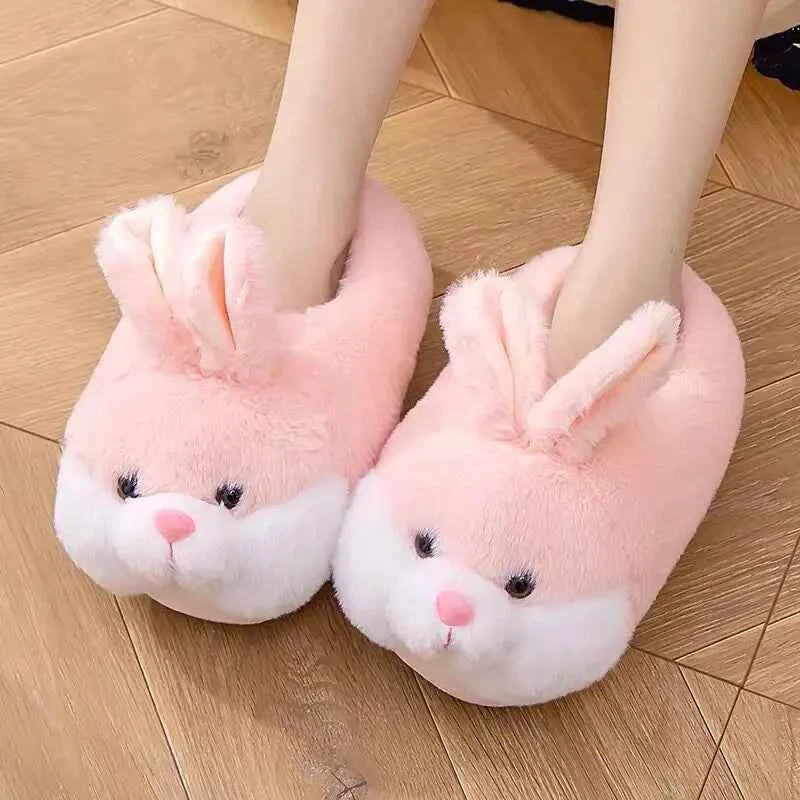 Cute Rabbit Plush Slippers for Women – Pink Warm Soft Indoor Winter House Shoes