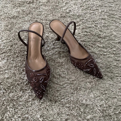 2026 String Bead Mesh Embroider Slingback High Heels Women Sexy Pointed Toe Heeled Sandals Summer Elegant Luxury Designer Shoes