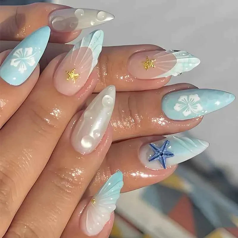 24pc Mid-Length Almond Press On Nails - Blue Smudge Full Cover Set