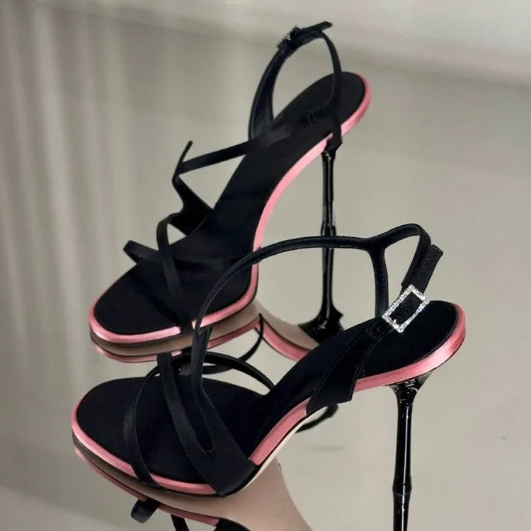 Satin Color Block Stiletto High Heels with One Belt 2025 New Summer Temperament Versatile Sandals