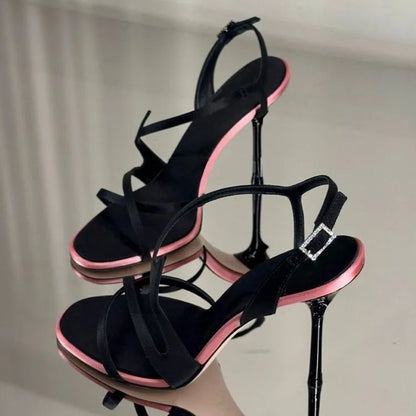Satin Color Block Stiletto High Heels with One Belt 2025 New Summer Temperament Versatile Sandals
