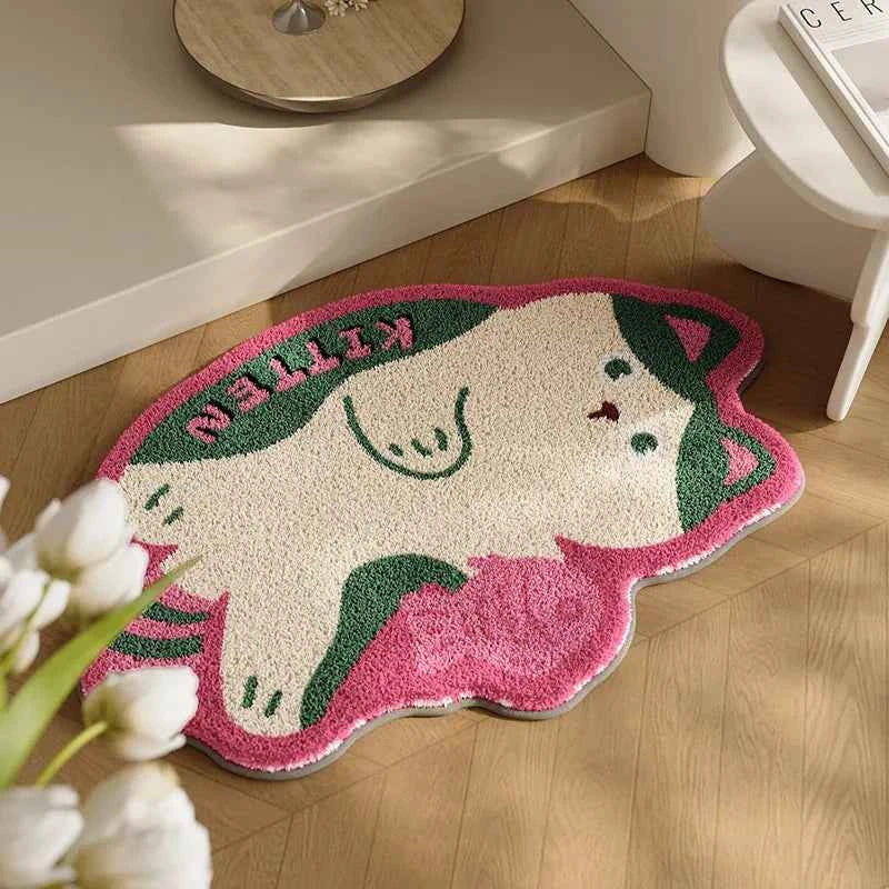 Cute Cat Design Floor Mat in Pink Green Water-Absorbent