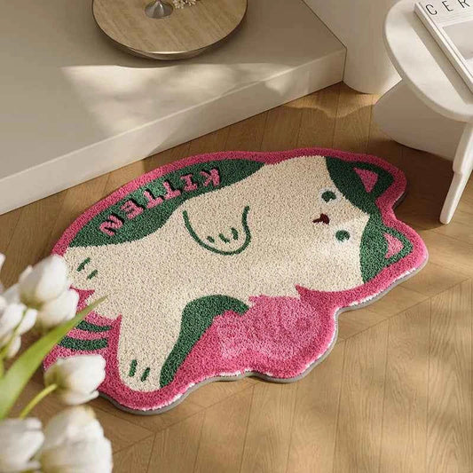 Cute Cat Design Floor Mat in Pink Green Water-Absorbent